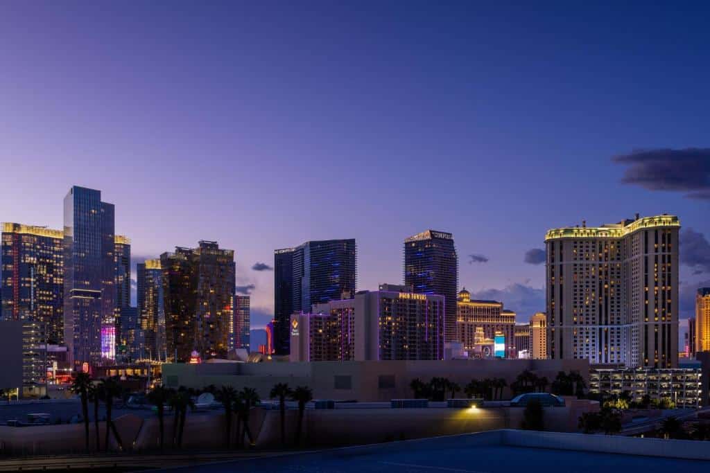 Blick über Hotels in Las Vegas in der Abenddämmerung mit einer Palme im Vordergrund