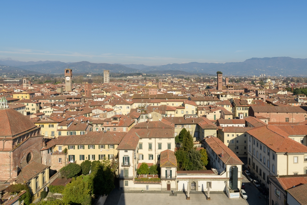 Blick über die Dächer von Lucca mit dem Turm Torre Guinigi