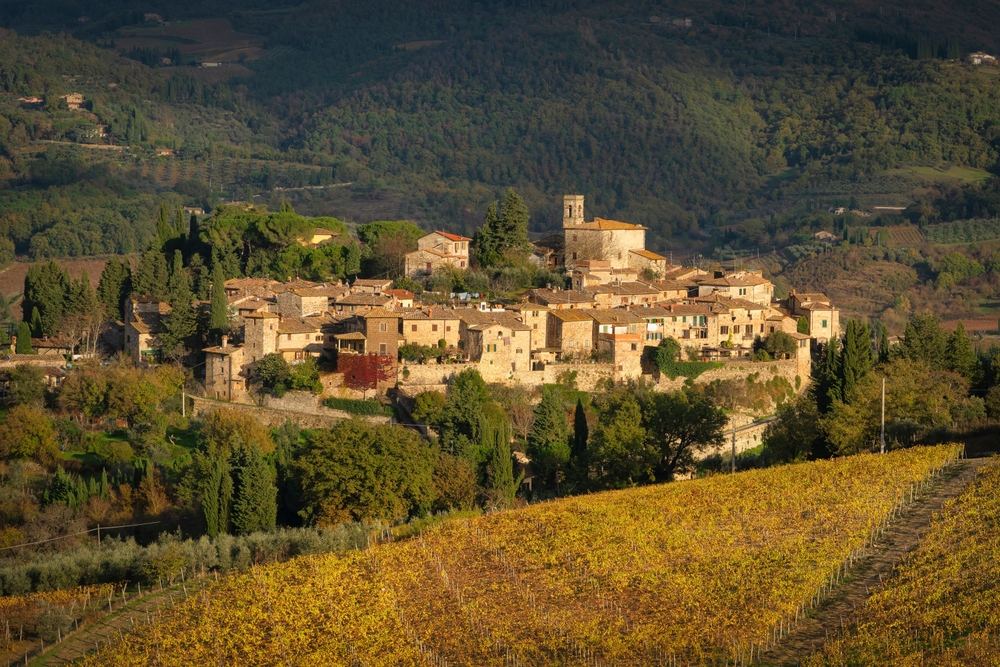 Das Dorf Montefioralle und die Weinberge bei Greve in Chianti