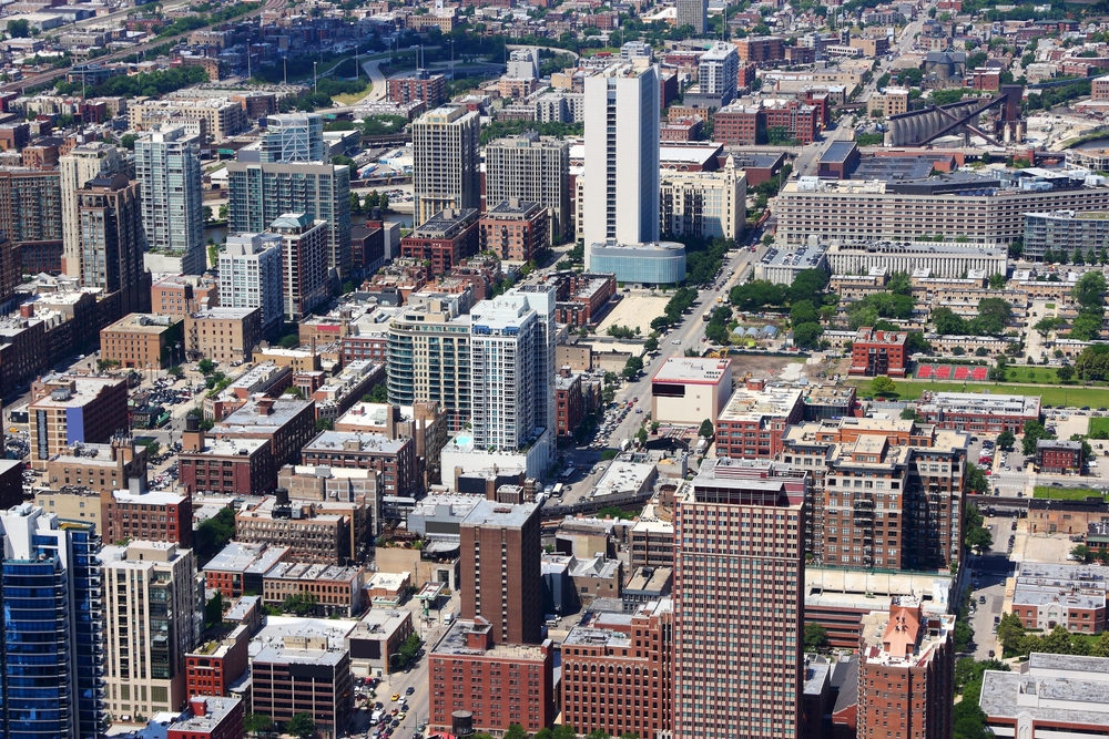 Luftaufnahme des Viertels River North in Chicago