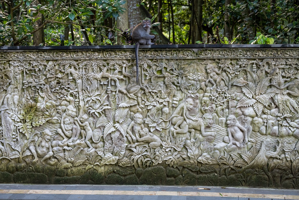 Makak auf einem Steinrelief im Monkey Forest in Ubud
