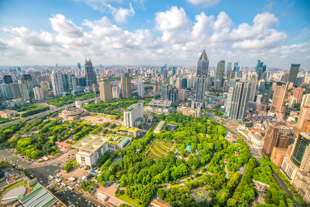 People's Square und der Park in Shanghai von oben gesehen