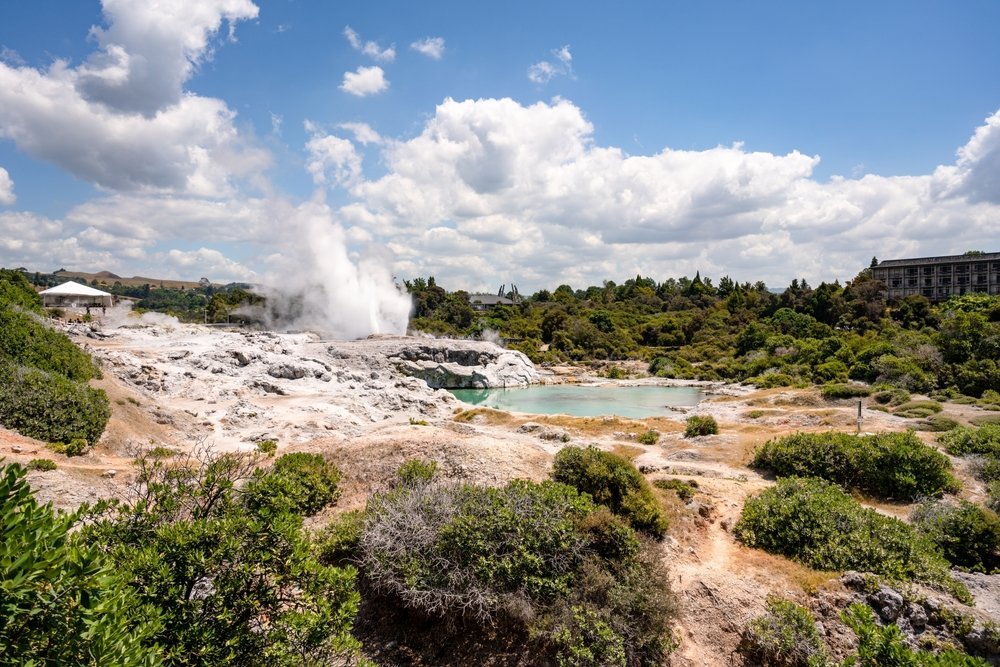 Ausbruch des Pohutu-Geysirs in Te Puia bei Whakarewarewa in Rotorua