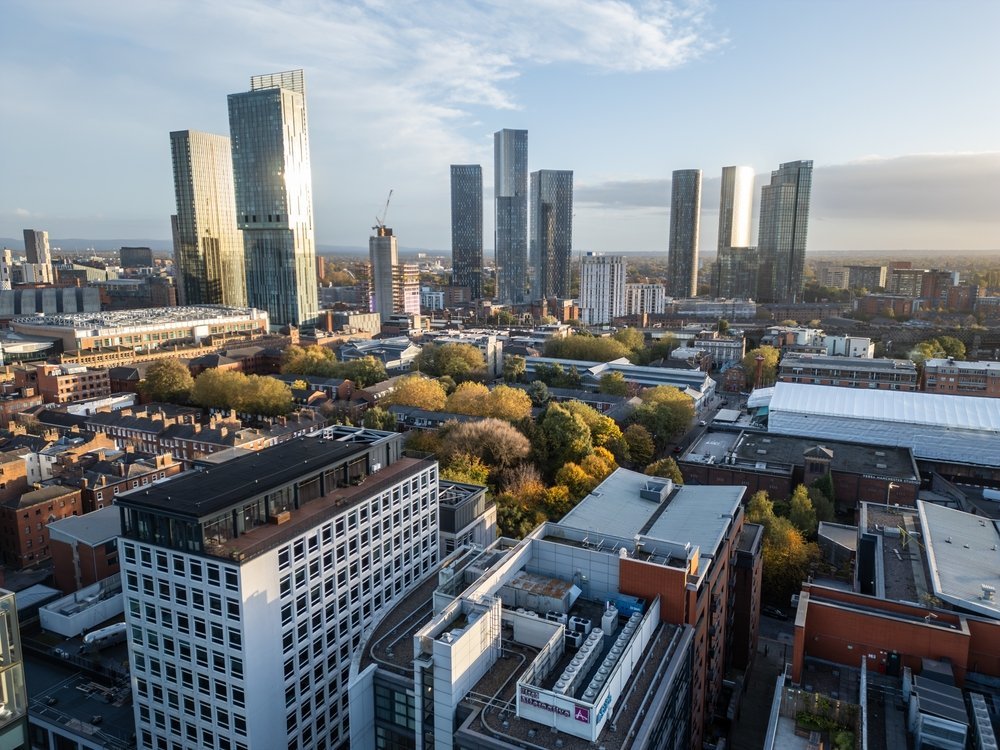 Das Büroviertel Spinningfields an der Deansgate in Manchester
