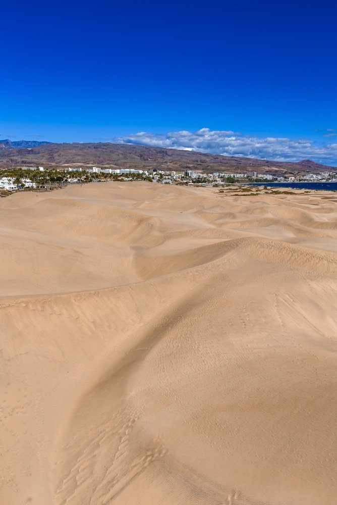 Die Dünen von Maspalomas mit den Hotels von Playa del Inglés