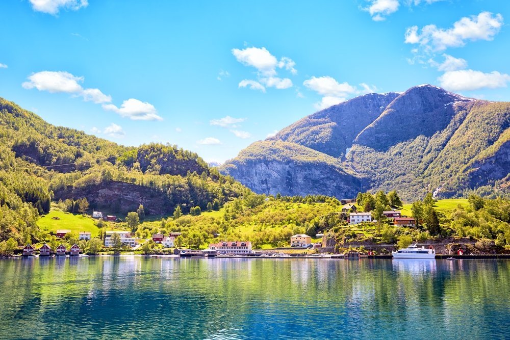 Flåm ganz am Ende des Aurlandsfjords zwischen steilen Bergen