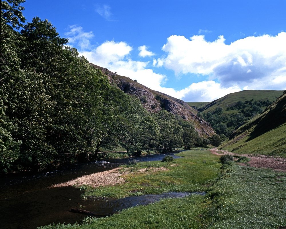 Der Fluss Dove schlängelt sich durch das Kalksteintal Dovedale nördlich von Ashbourne