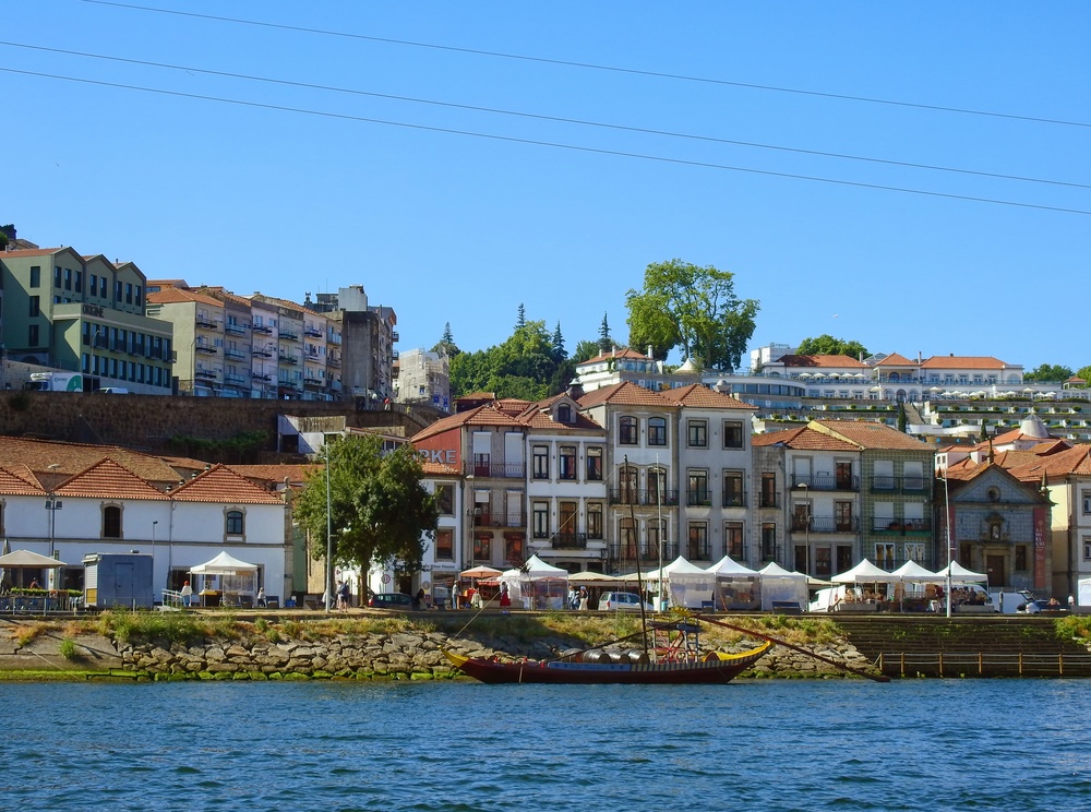 Panorama über das Flussufer in Vila Nova de Gaia mit den Portweinkellern am Douro