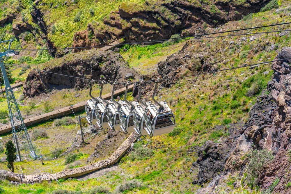 die Seilbahn zwischen dem Hafen und Fira