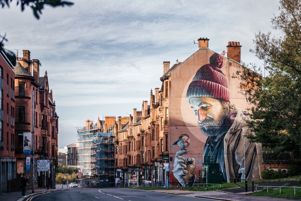 Das Wandgemälde von St Mungo in der High Street in Glasgow